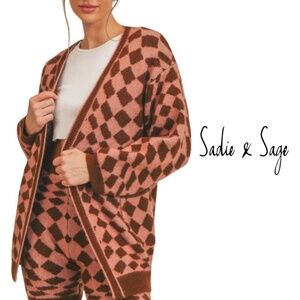 Anthropologie Sadie & Sage Geometric Cardigan – Pink & Brown – Size M